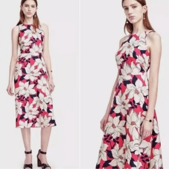 Ann Taylor Petite Pink Beige Floral Midi Dress Sleeveless Fit Flare Linen 2P - Picture 2 of 9